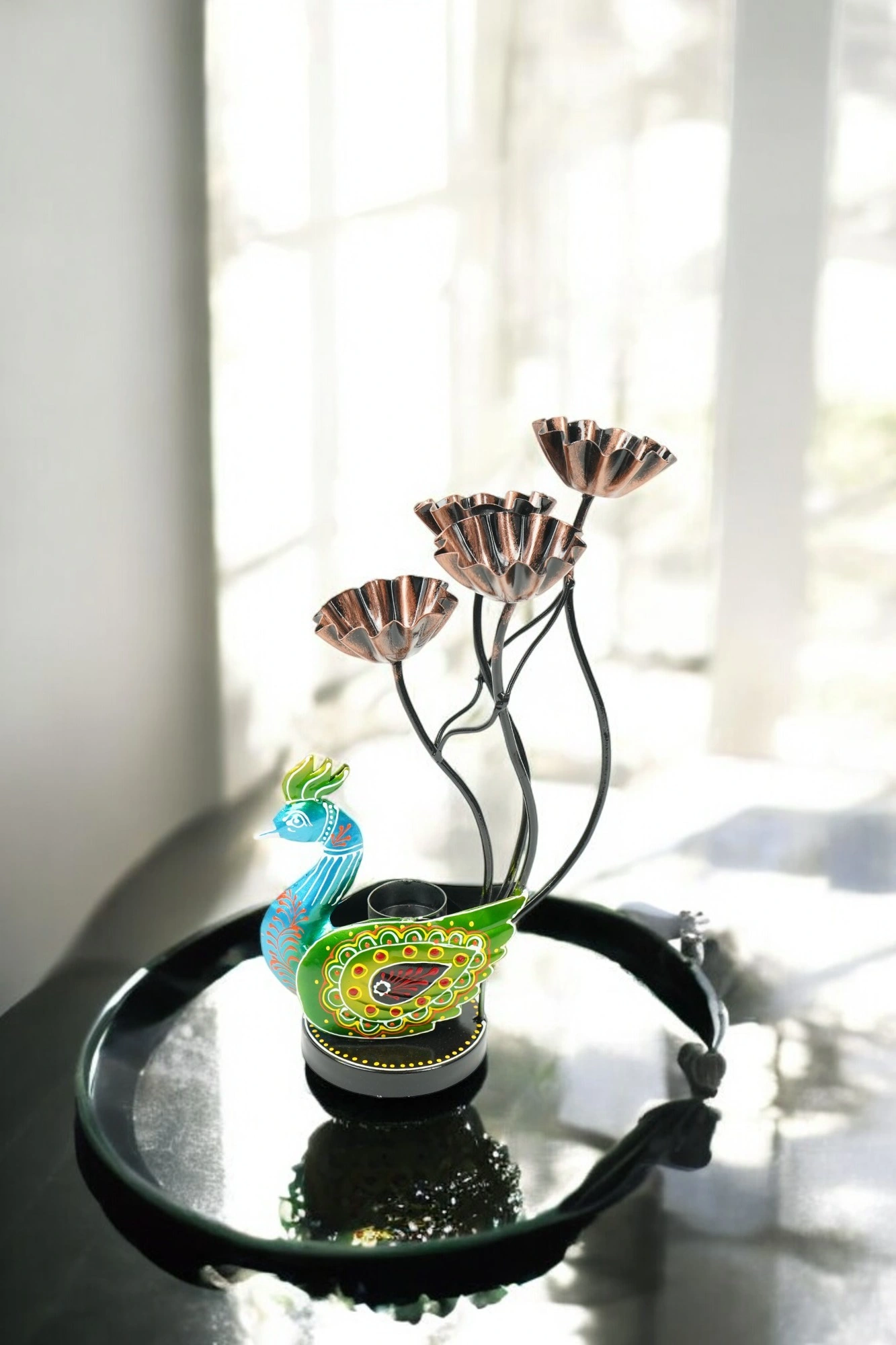 Metal Kamaldandi 4 katori Peacock T-light Stand