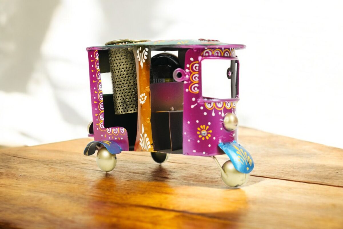 Handcrafted Metal Rickshaw Pen Stand with Clock - Image 2