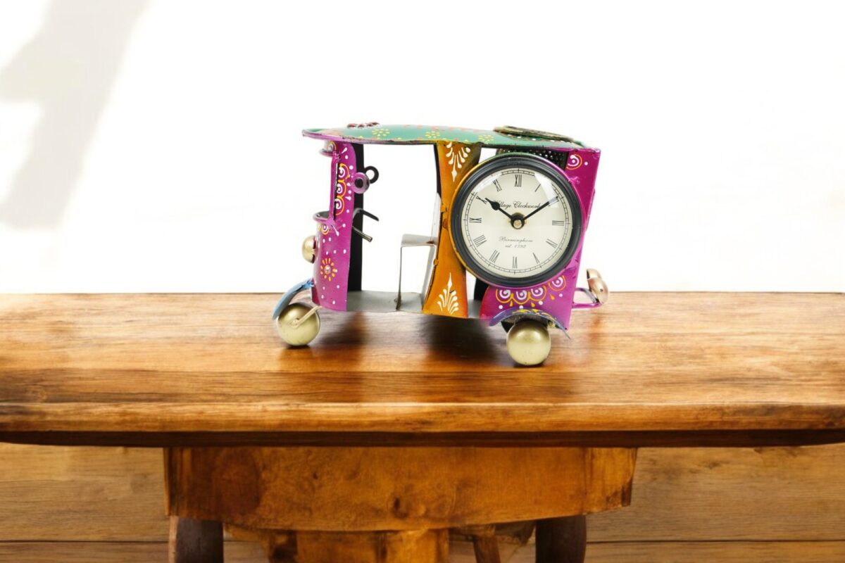 Handcrafted Metal Rickshaw Pen Stand with Clock - Image 3
