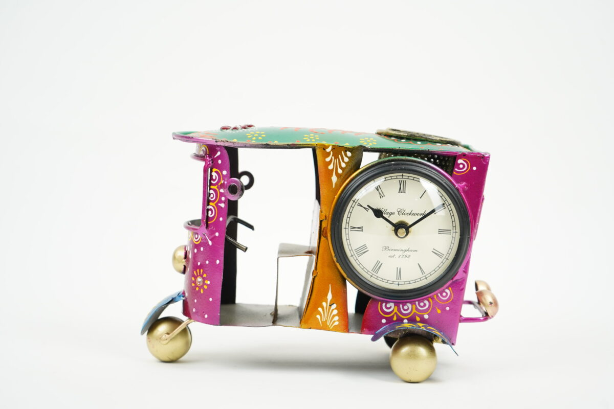 Handcrafted Metal Rickshaw Pen Stand with Clock - Image 5