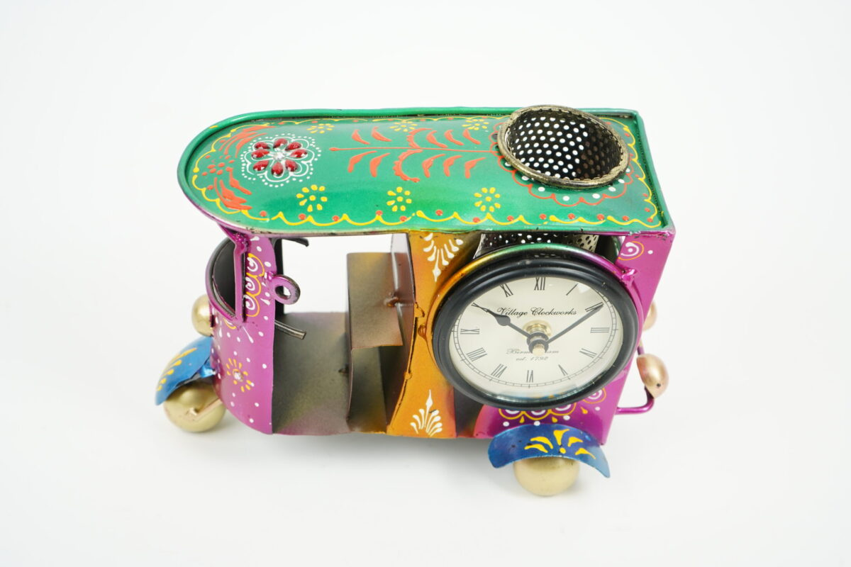 Handcrafted Metal Rickshaw Pen Stand with Clock - Image 4