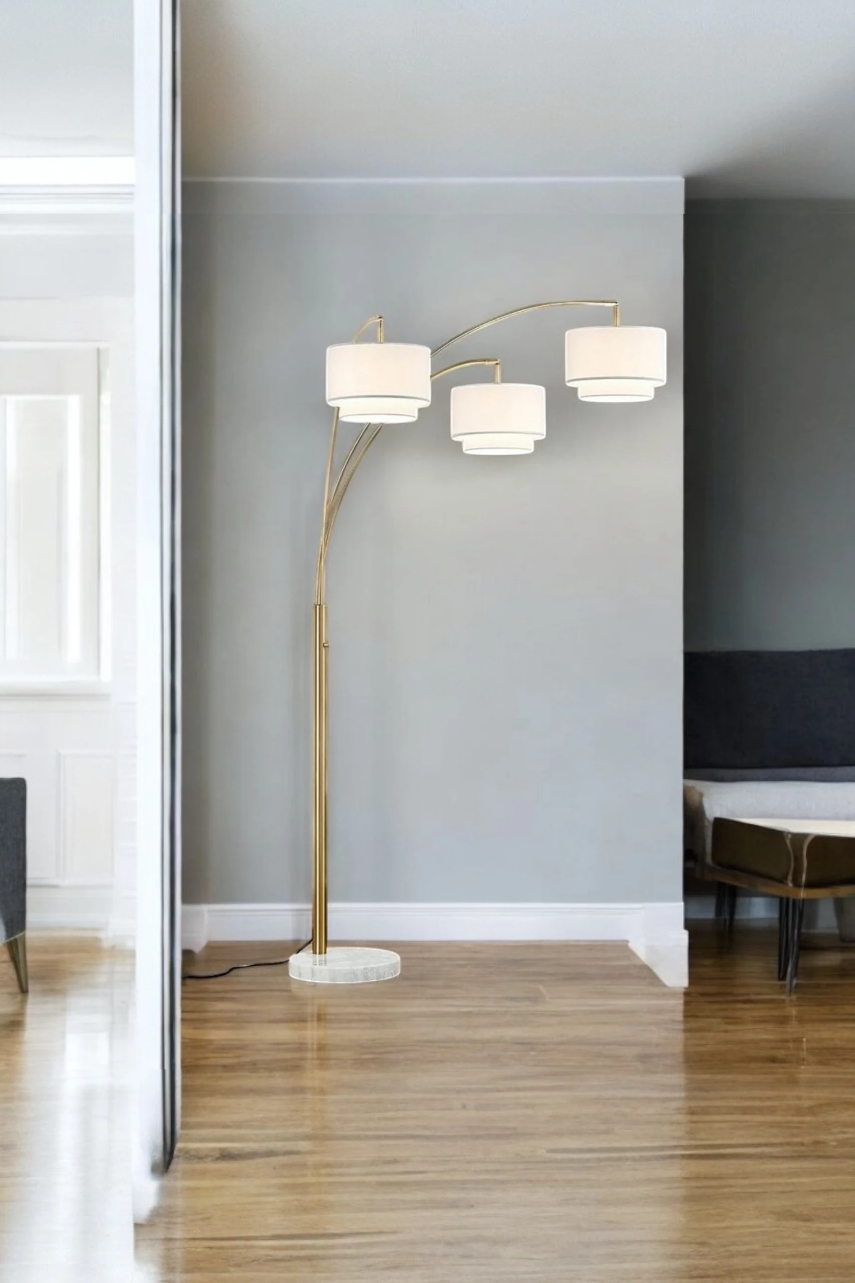 Arc Lamp with Triple Drum Shades